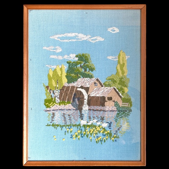 Vintage Cross Stitch Framed Blue Embroidery Handmade Boho Mid Century Wood Frame - Picture 1 of 6